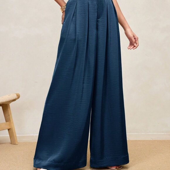 Blue Casual Women's High-Waisted Satin Pleated Wide Leg Elegant Long Pants - Picture 5 of 6